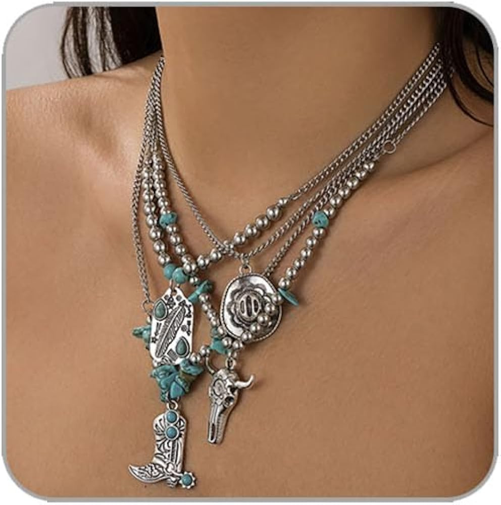 Western Necklaces for Women Turquoise Beaded Layered Chain Necklaces Boho Cowgirl Hat Boots Penda... | Amazon (US)