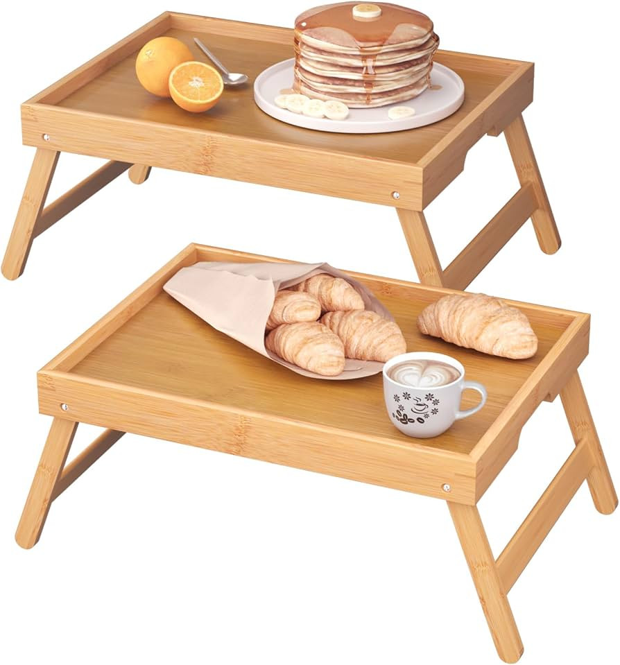 Fibogollo 2 Pack Bamboo Bed Tray Table with Folding Legs,Breakfast Trays,Serving Tray for Food an... | Amazon (US)