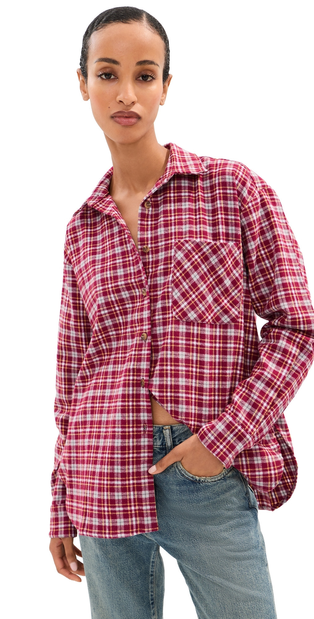 LE BOP Winnie Button Down Flannel Burgundy Plaid XXS | Shopbop