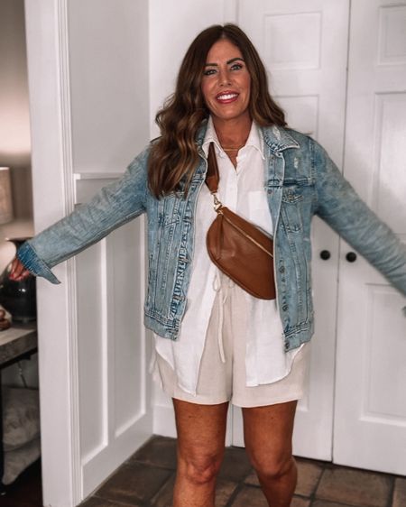 Laid-back, comfy, travel outfit idea for spring

Distressed denim jacket - a sized up to a large for a looser fit

Camp Style linen shirt from Quince - true to size-wearing a medium

High-rise linen shorts , true to size, medium

Pebbled, Italian leather sling bag  (designer look for less)

Leather slide sandals  -true to size



#LTKfindsunder50 #LTKstyletip #LTKover40