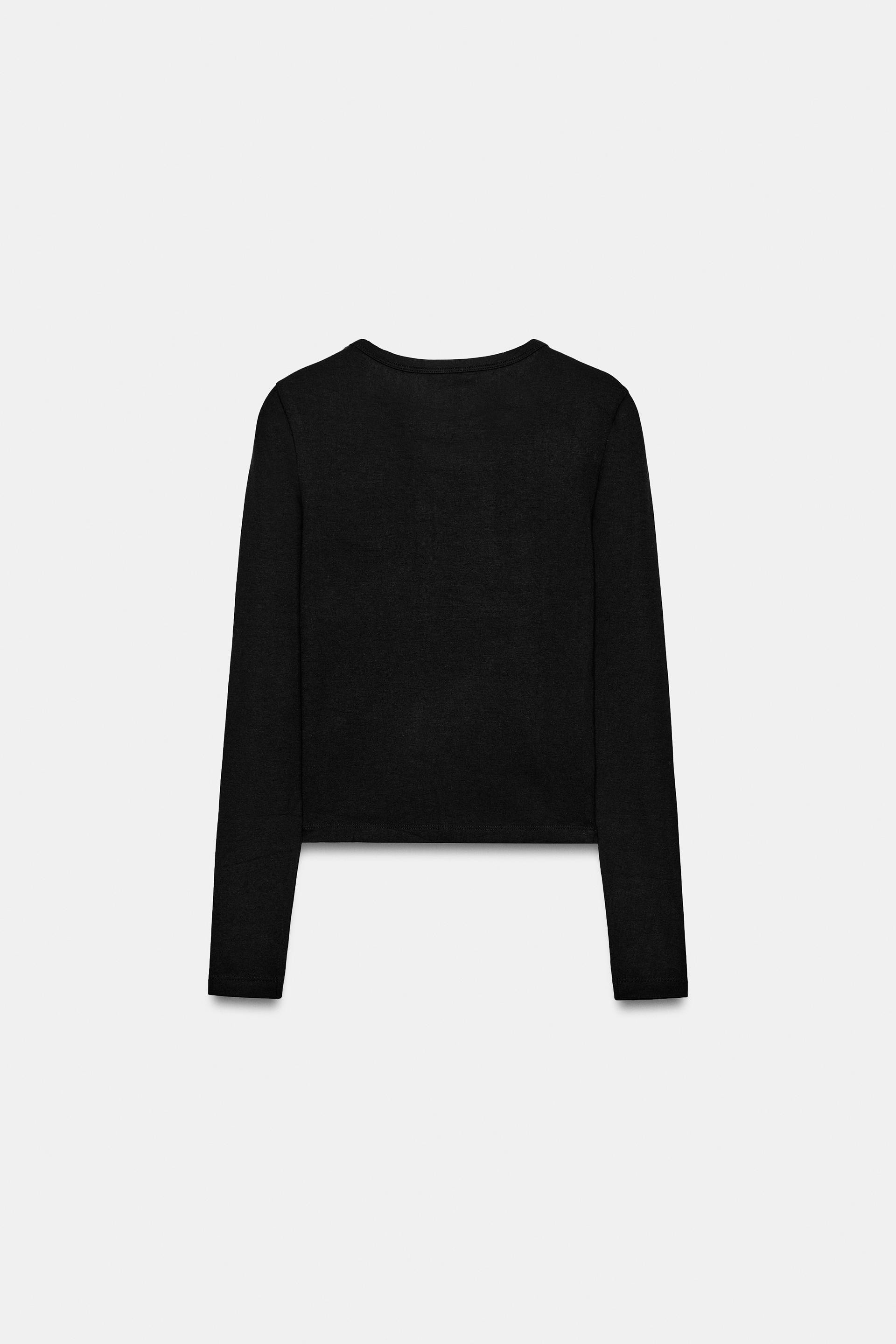 Zara - Long Sleeve Cotton T-Shirt - Brown - M - Woman | Zara US