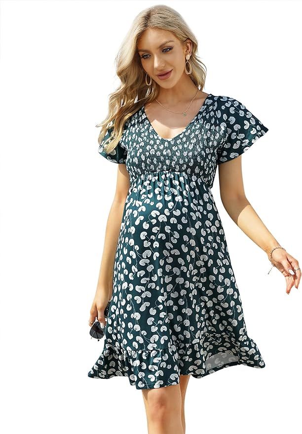 Coolmee Women's Maternity Short Sleeve Ruffle Dress V Neck Summer Casual Smocked Flowy Midi Dress... | Amazon (US)