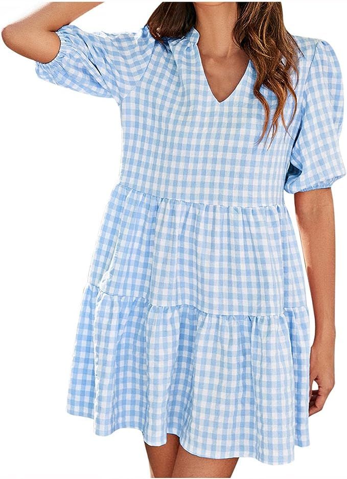 Women's Spring Summer V-Neck Short Puff Sleeve Dresses Casual Plaid Printed Dress | Amazon (US)
