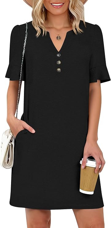 Prinbara Womens Summer Casual Dresses Ruffle Short Sleeve V Neck Button 2026 Spirng Vacation Beac... | Amazon (US)