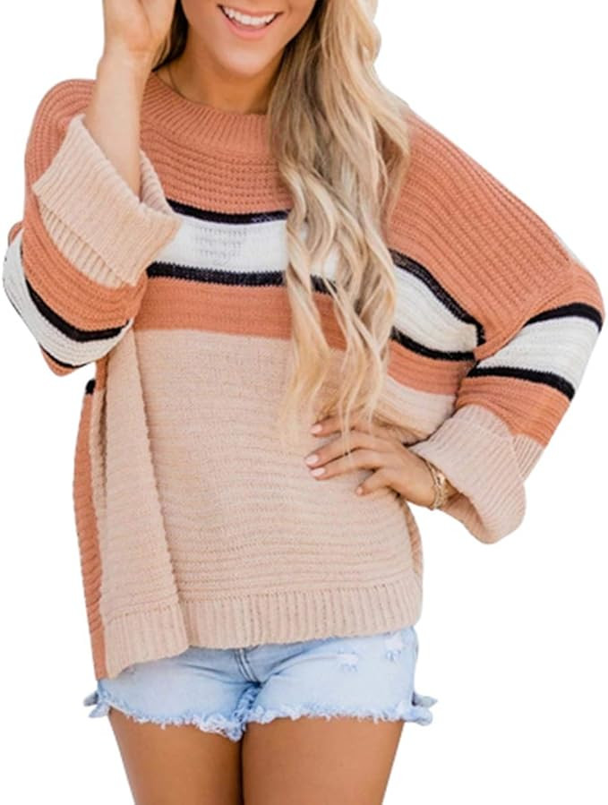 PRETTYGARDEN Women’s Casual Striped Color Block Knit Sweater Long Sleeve Crew Neck Loose Pullov... | Amazon (US)