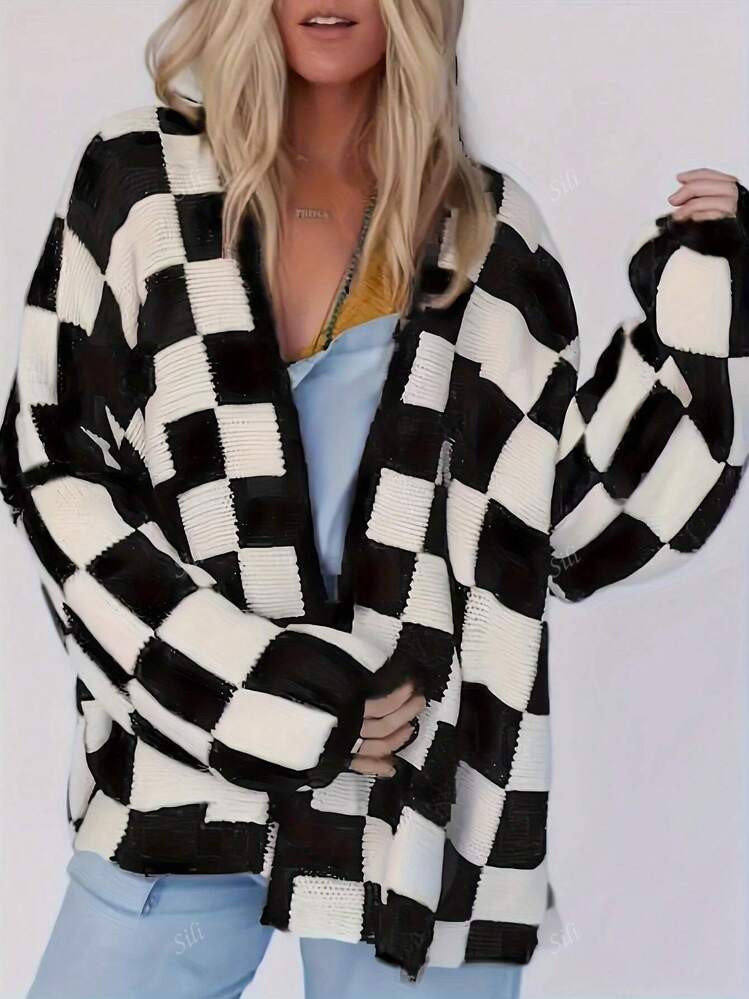 Plus Size Plaid Round Neck Casual Long Sleeve Knit Cardigan | SHEIN
