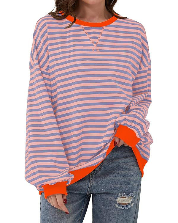 Labolliy Women Striped Oversized Sweatshirt Color Block Crew Neck Long Sleeve Shirt Casual Pullov... | Amazon (US)