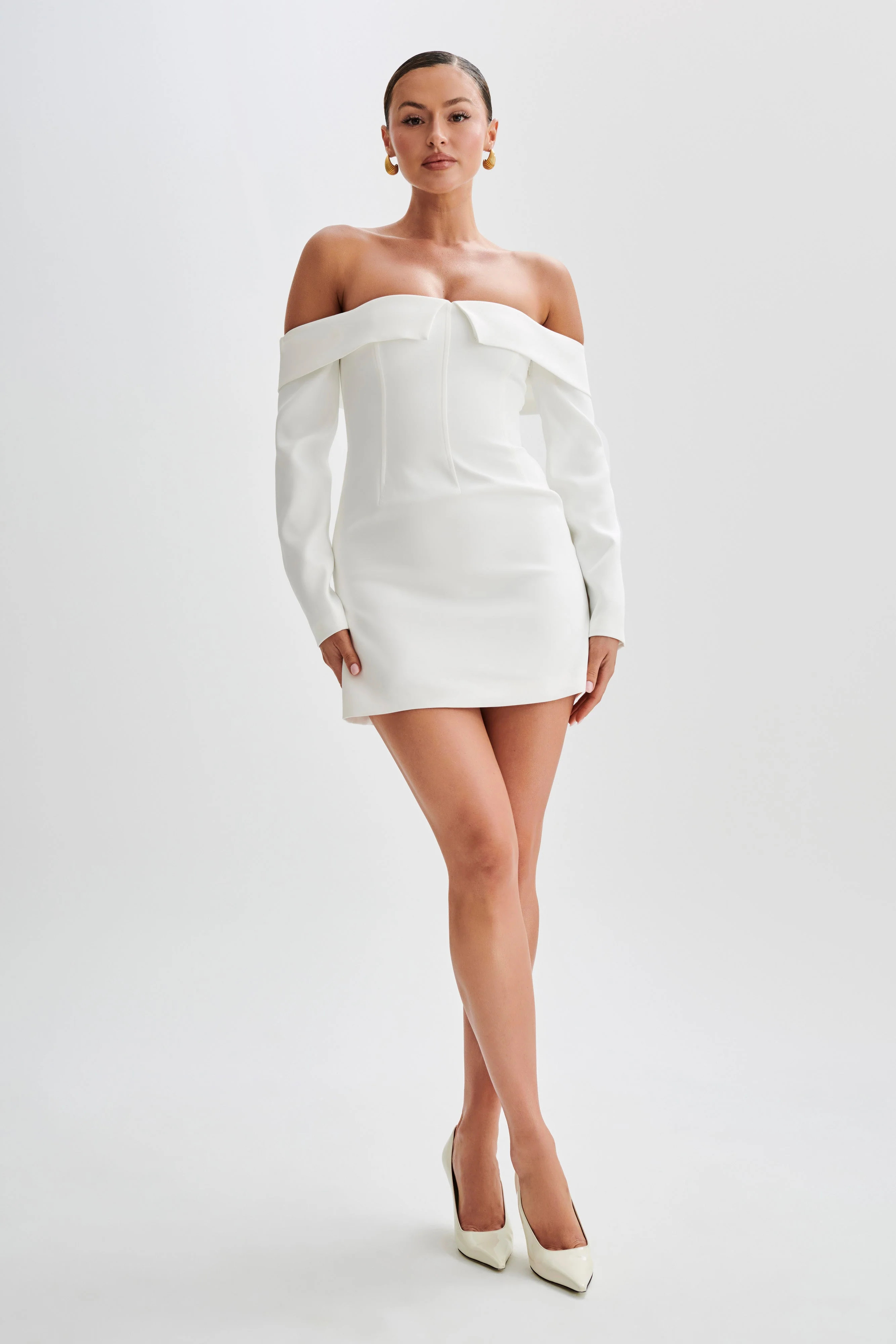 Hugo Suiting Off Shoulder Mini Dress - Ivory | MESHKI US