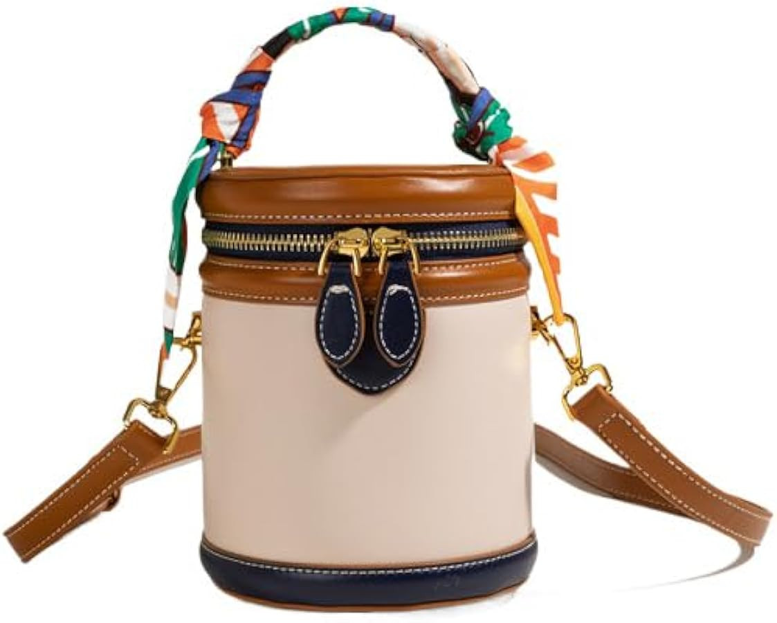 Retro Bucket Bag Female PU Leather Color Contrast Cylinder Shoulder Round Bag Handle Handbag Purs... | Amazon (US)