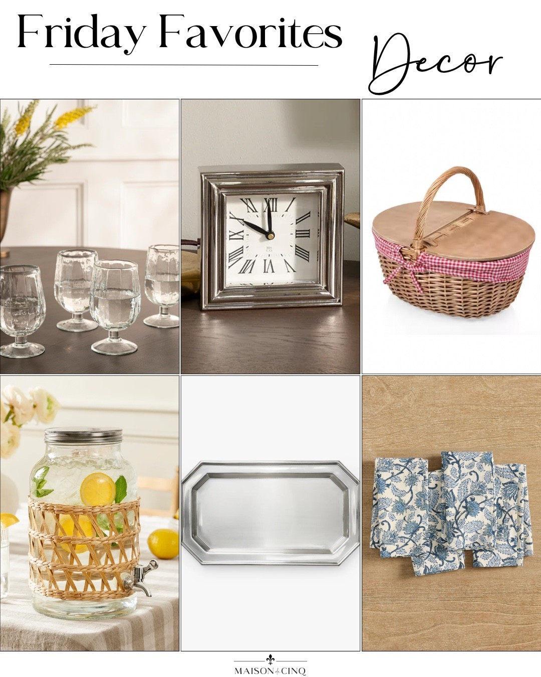 Friday Favorites finds this week! McGee faves on sale, summer entertaining essentials, French picnic baskets and more!

Summer decor, spring decor, clock, tabletop, glasses, tray, baskets

#LTKHome #LTKSaleAlert