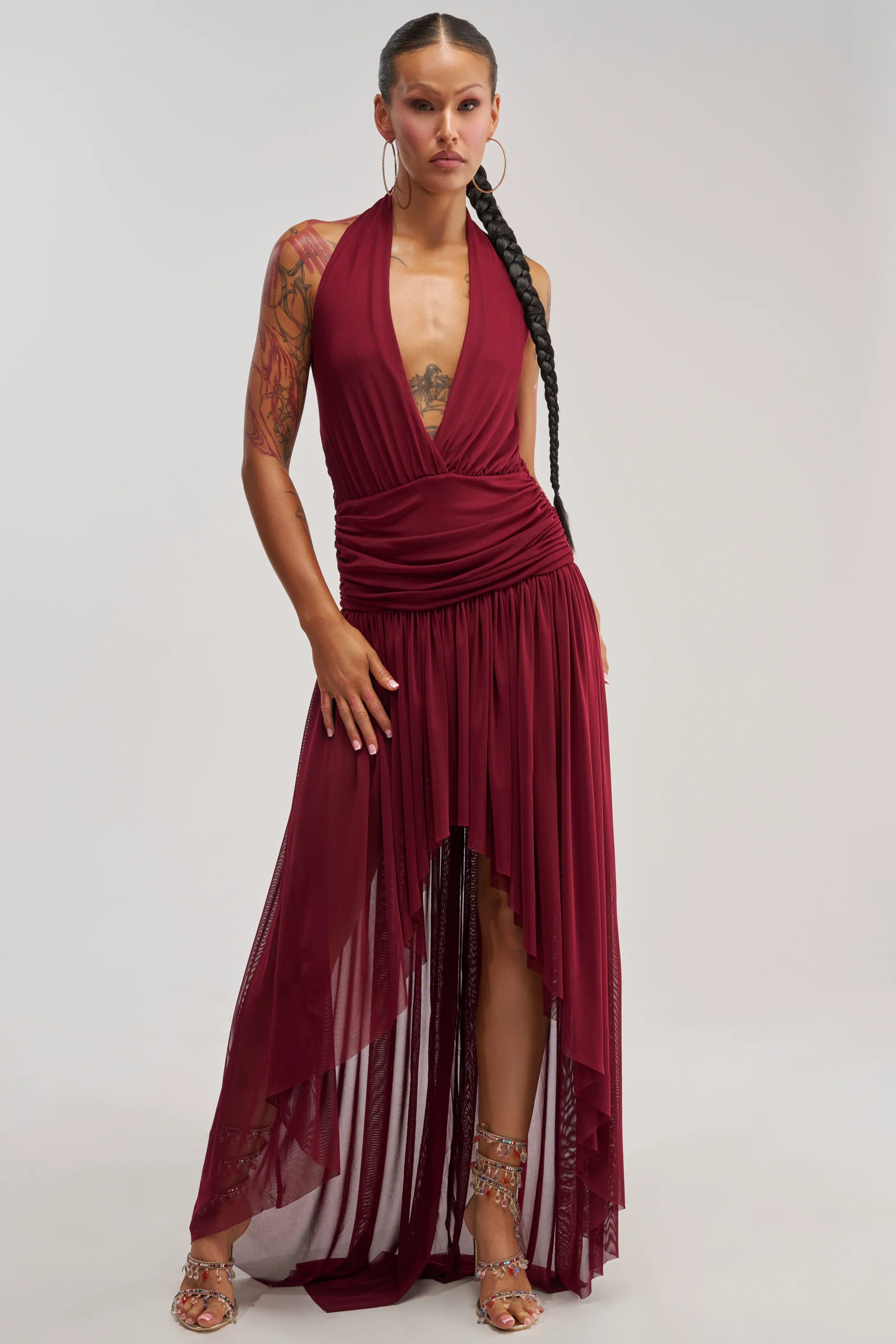 Burgundy Mesh Halter Hi-Lo Midi Dress | AKIRA | AKIRA
