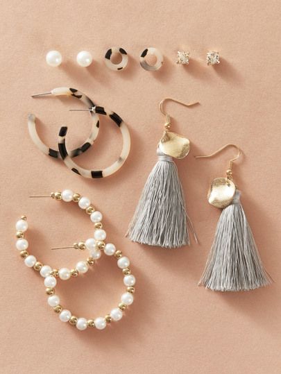 6pairs Faux Pearl & Tassel Decor Earrings Set | SHEIN