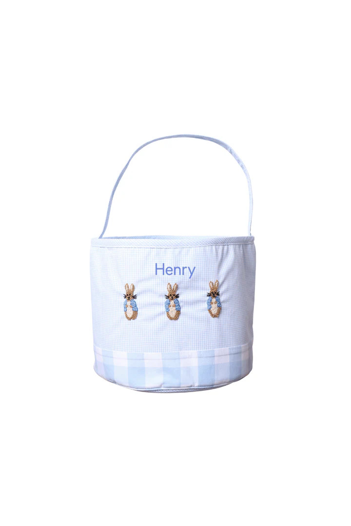 French Knot Peter Rabbit Blue Check Easter Basket | The Smocked Flamingo