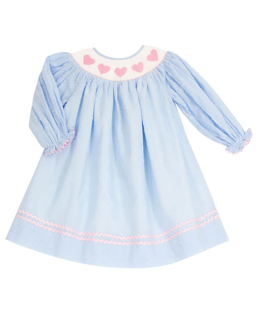 Hearts Smocked Blue Swiss Dot Dress | Smockingbird Kids