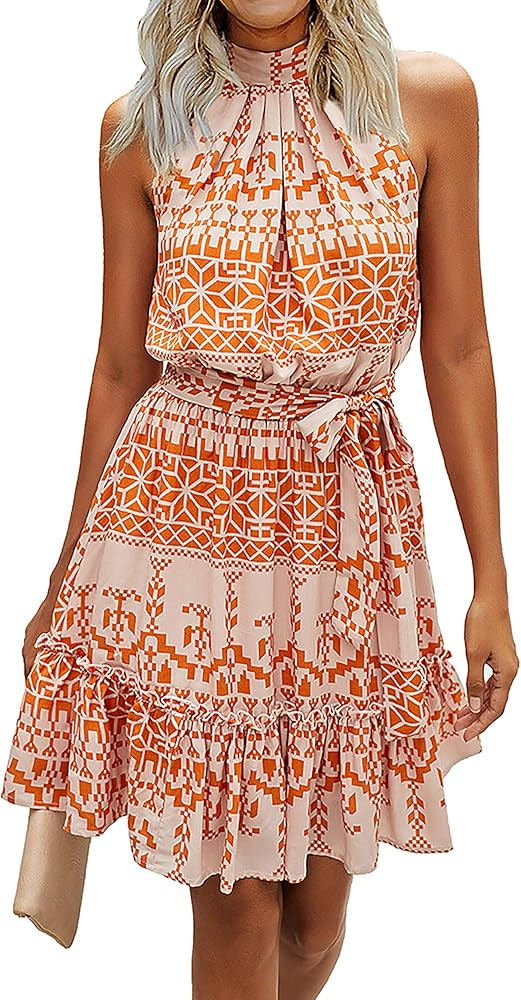 BTFBM Women Floral Dresses Casual Summer Sleeveless Halter Neck Ruffle Belt Boho Polka Dot Leopar... | Amazon (US)