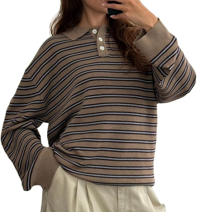 Women’s Striped Polo Sweatshirt Knit Oversized Long Sleeve Button Lapel Collar Classic Knit Swe... | Amazon (US)