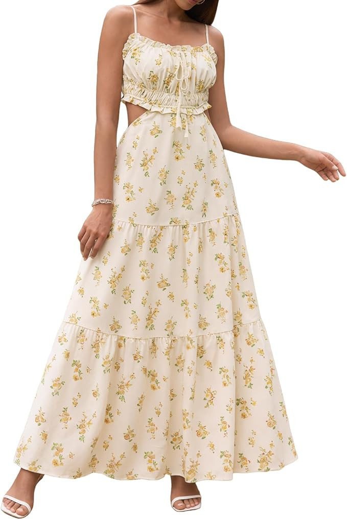XinFSh Women's Summer Floral Beach Maxi Dress Flowy A Line Spaghetti Strap Cutout Backless Vacati... | Amazon (US)