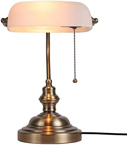 Newrays Glass Bankers Desk Lamp with Pull Chain Switch Plug in Fixture,Satin Brass Finish (White) | Amazon (US)