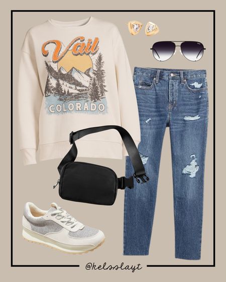 Outfit idea, Walmart fashion, Walmart outfit, graphic sweatshirt, old navy jeans, Target sneakers, Lululemon dupe belt bag, Kendra Scott 

#LTKsalealert #LTKSeasonal #LTKunder50