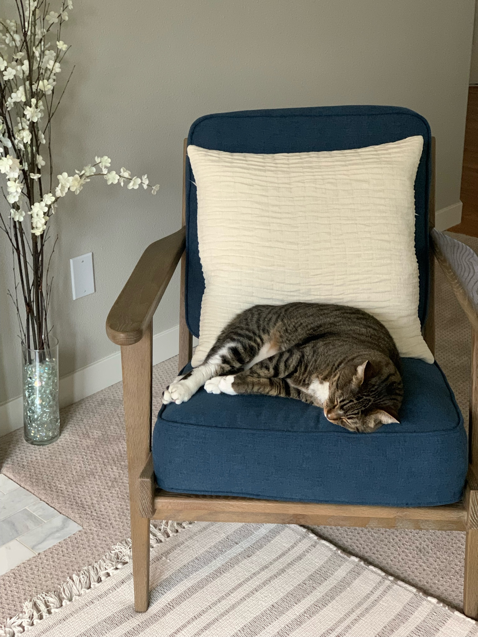 Pottery barn raylan chair blue fabric brown frame, living room chairs, office chair, mid century modern pottery barn living room furniture chair.

#LTKhome