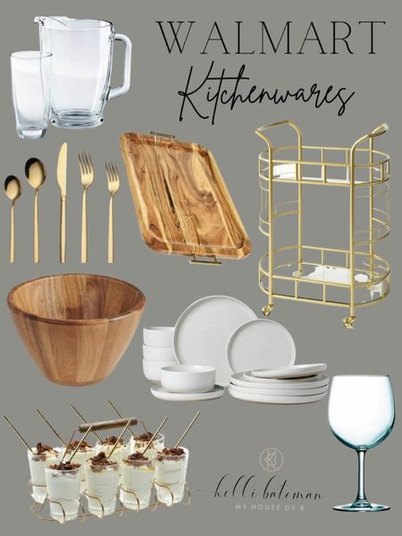 Walmart Kitchen and Hosting.
Glass pitcher, drinking glasses, serving cart, drink cart, serving tray, good silverware, neutral stone plates, wood serving bowl. 

#LTKunder100 #LTKFind #LTKhome