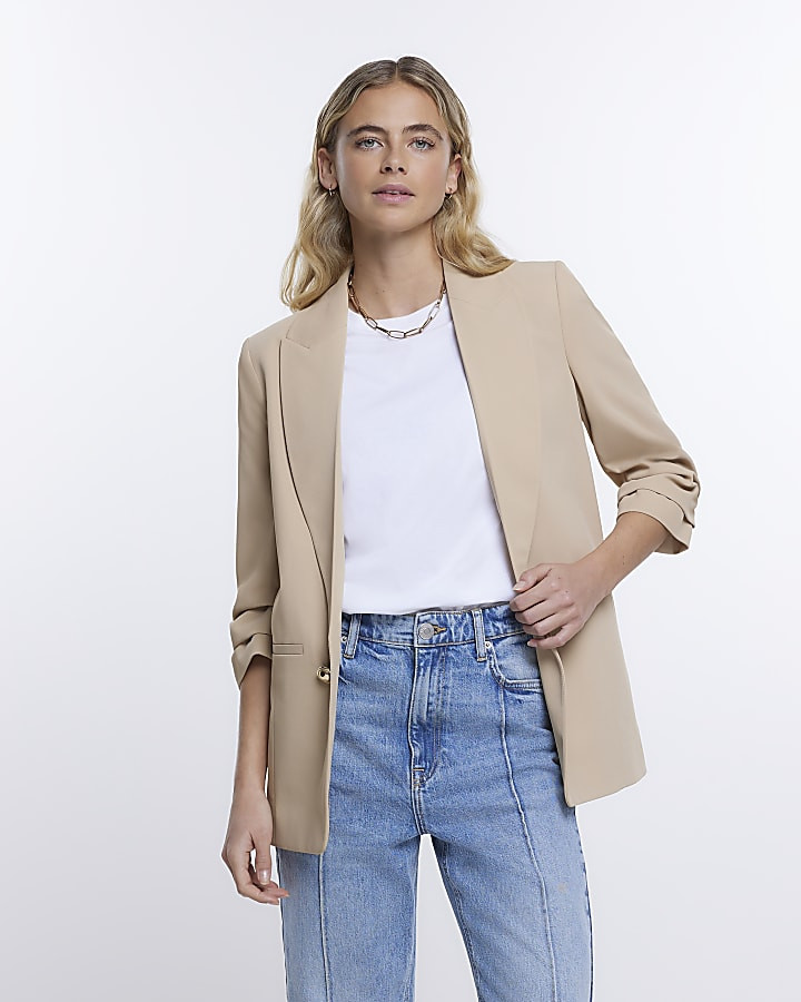 Beige ruched sleeve blazer | River Island (US)