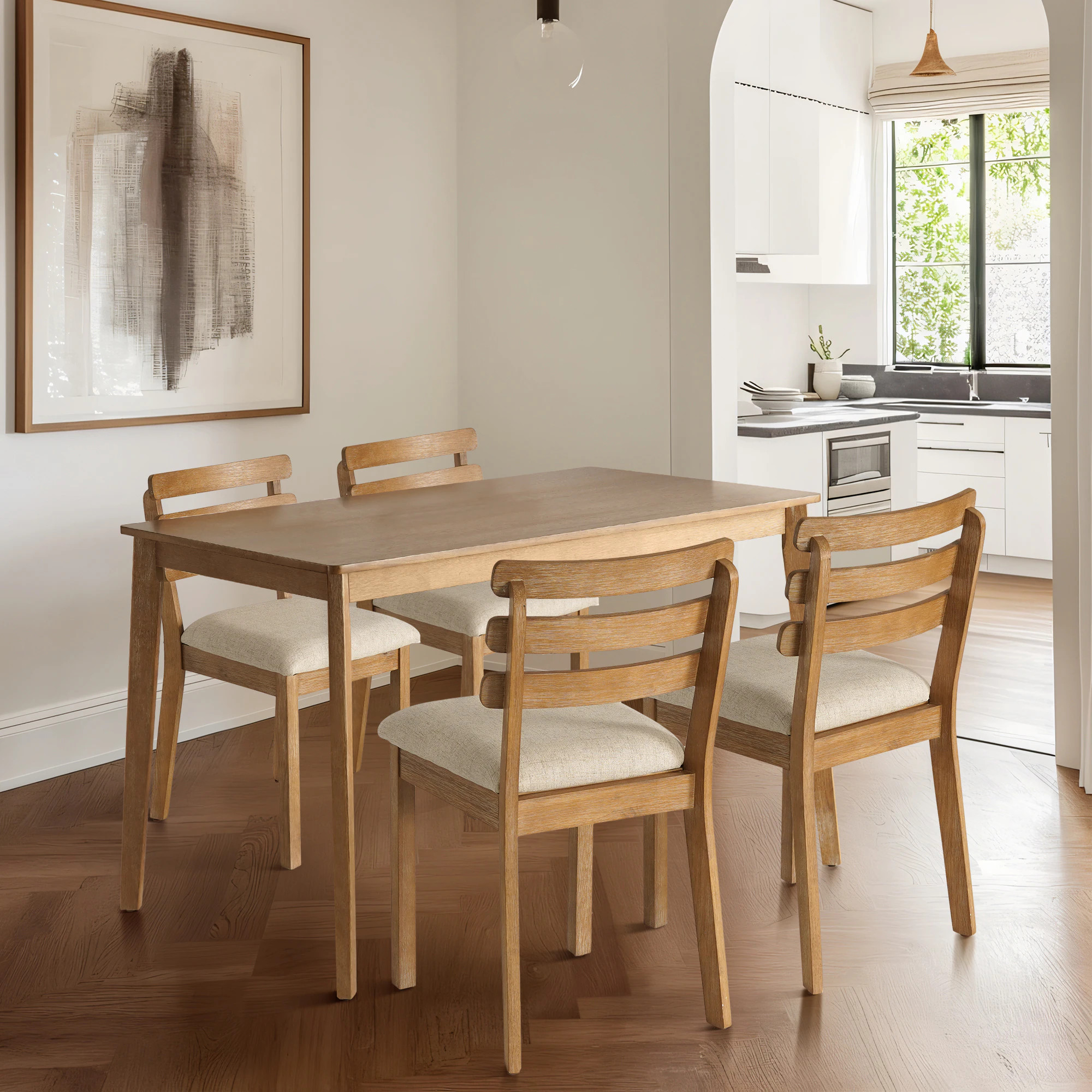 SIMTONAL Natural Modern Dining Room Set with 2 Upholstered Chairs and 2 Dining Bench ( Seats 4 ) | KKVA0101DWN-SET5 | Lowe's