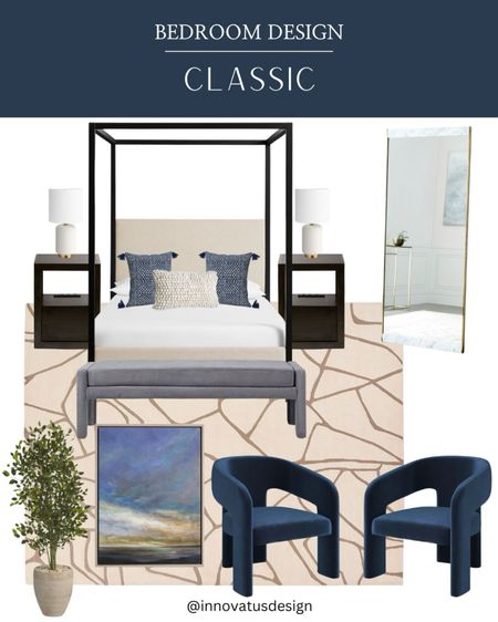 Create a classic blue and white bedroom with this classic bedroom design! With stylish accent chairs and sophisticated bedroom furniture, the classic bedroom is ideal for any home!

#LTKHome #LTKFamily #LTKFindsUnder100