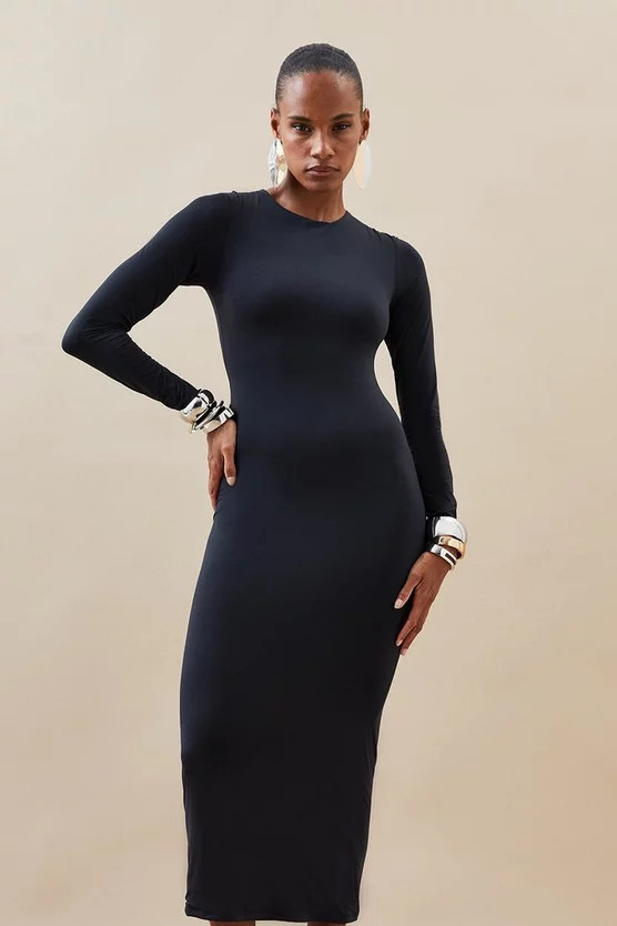 Contour Jersey Long Sleeve Crew Neck Midi Dress | Karen Millen UK + IE + DE + NL