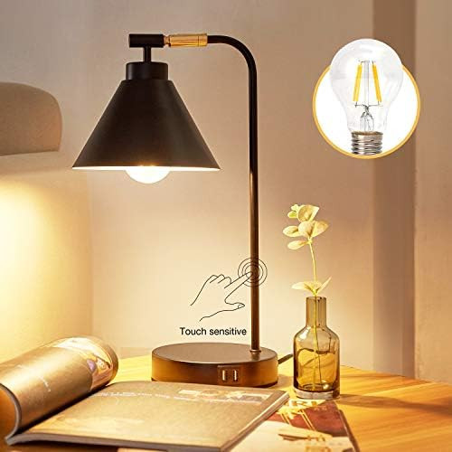 Industrial Black Bedroom Table Lamp, Dimmable Touch Control Bedside Lamp with 2 USB Charging Port... | Amazon (CA)