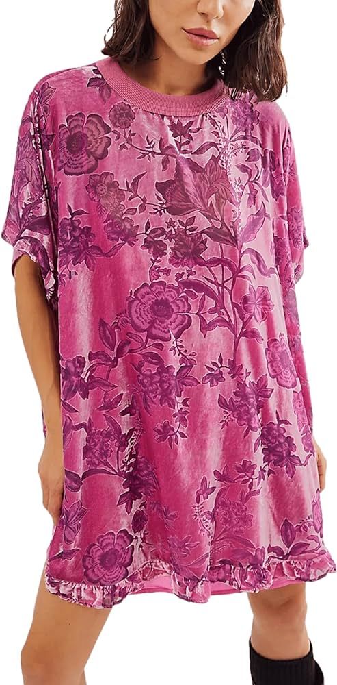 Women's Vintage Velvet Dress Round Neck Short Sleeve Floral Printed Mini Flowy Dress | Amazon (US)