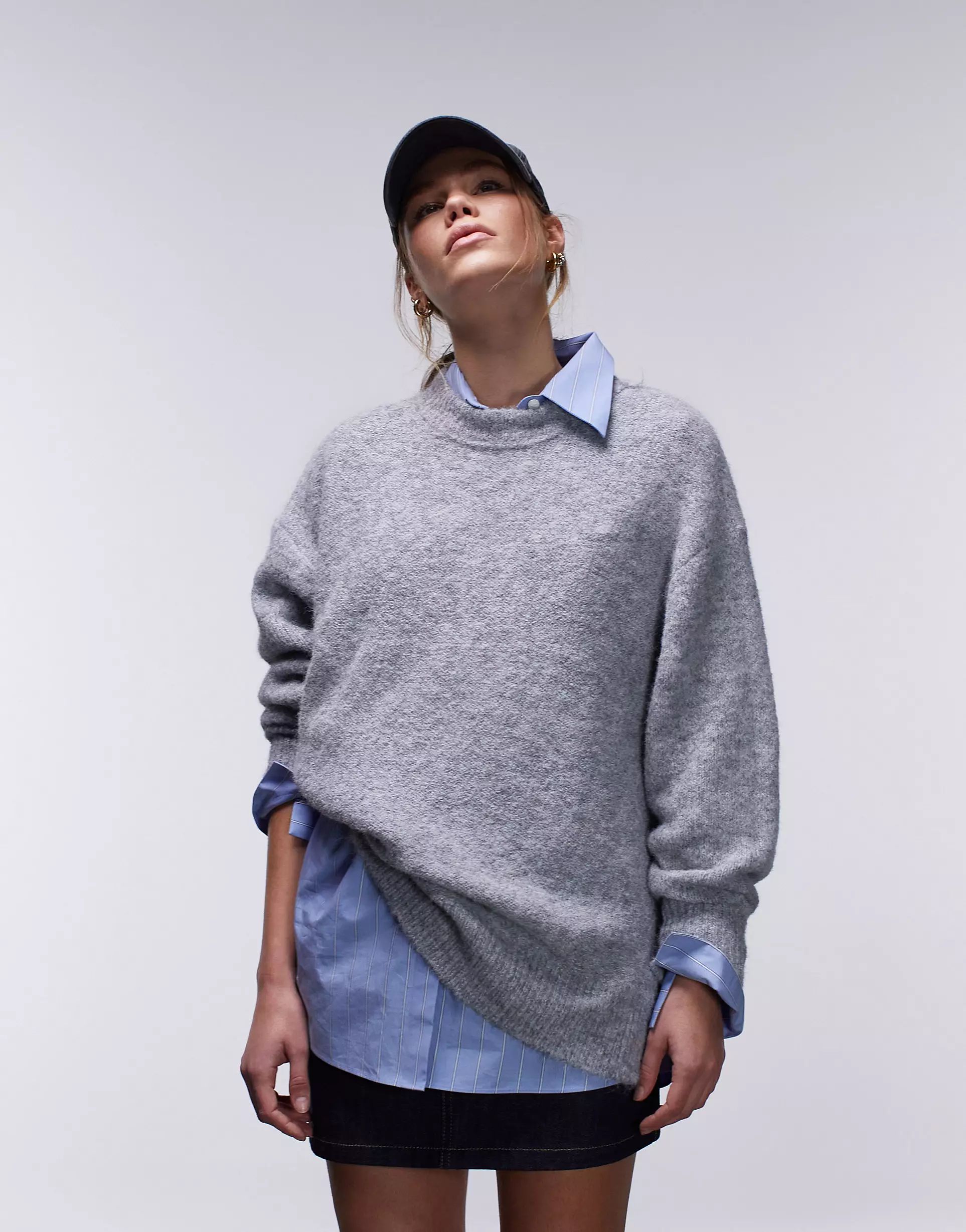 Topshop knitted exposed seam fluffy crew neck jumper in grey | ASOS (Global)