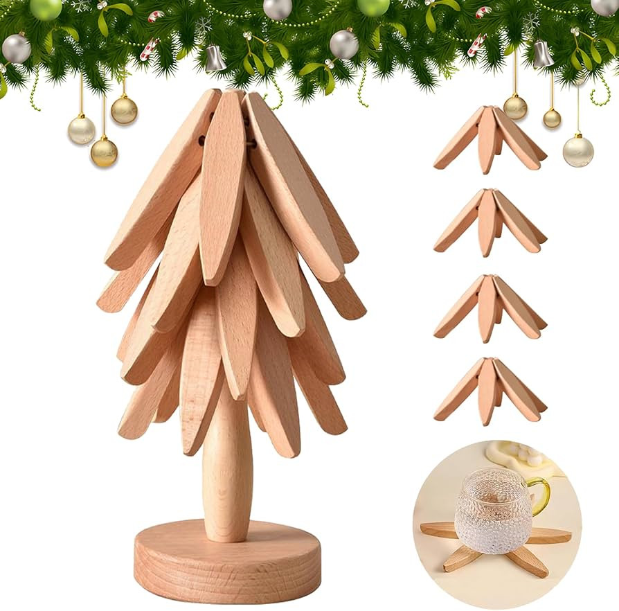Wooden Trivets for Hot Dishes, Tree Shape Trivet Set, Foldable Kitchen Wooden Trivets, Tree Coast... | Amazon (US)