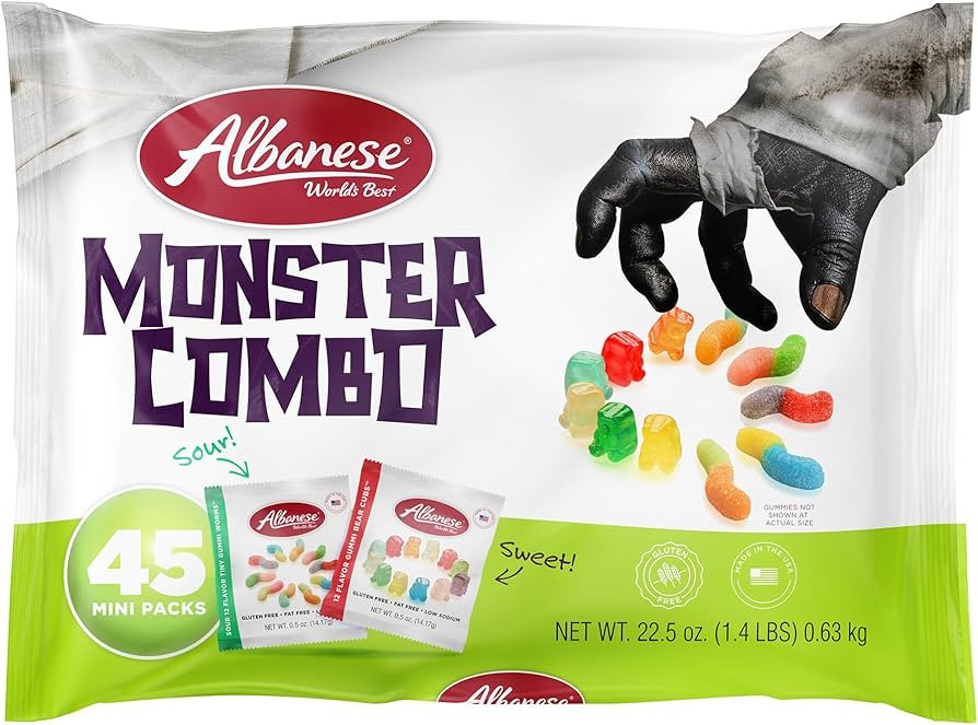 Albanese World's Best, Sweet & Sour Monster Combo, 45-0.5oz Trick or Treat Bags of Halloween Cand... | Amazon (US)