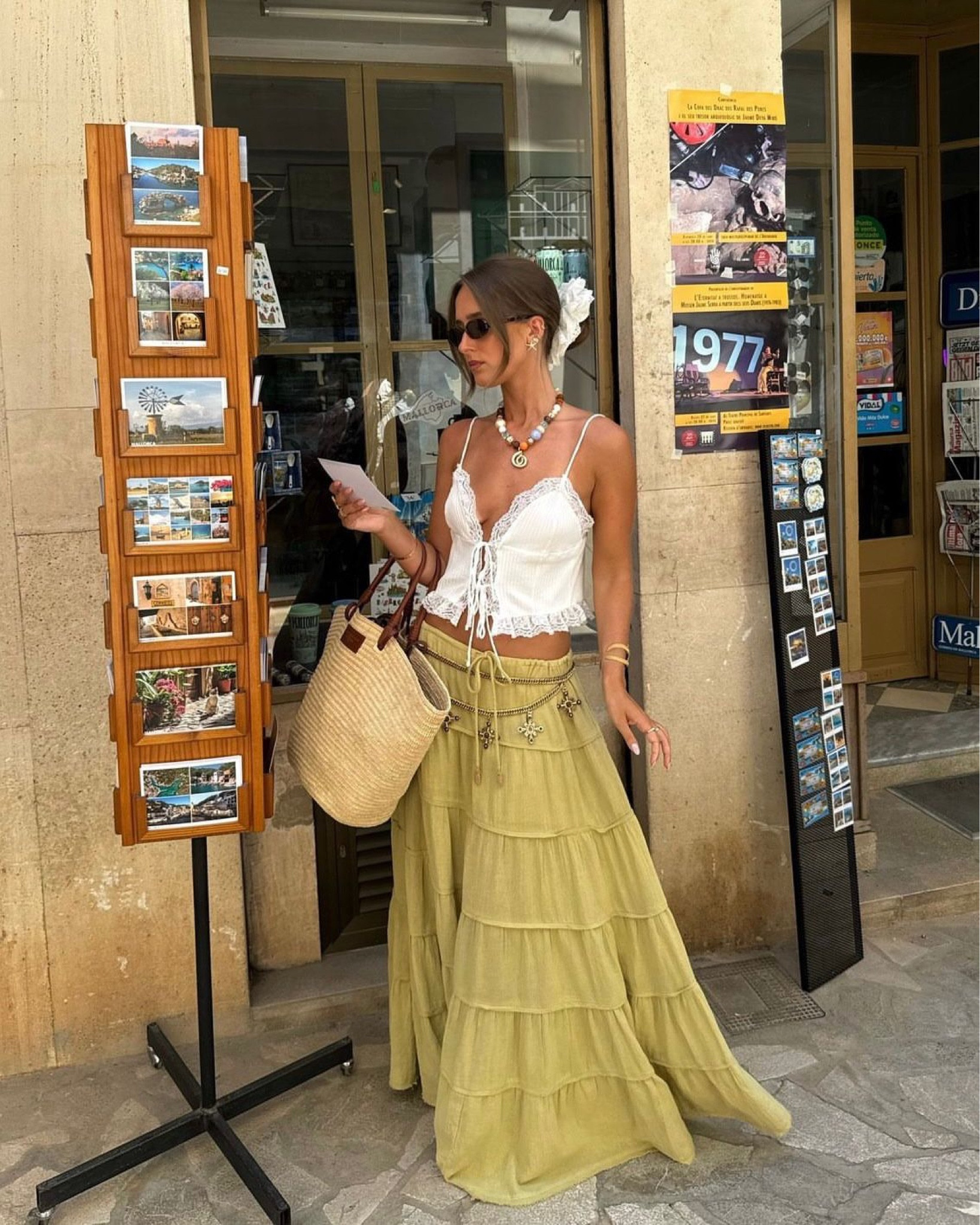 Free people tiered maxi skirt khaki, Zara white lace cami, front tie blouse, beaded necklace, sezane basket bag, straw beach bag, statement necklace, holiday outfit, vacation look, city break, travel, summer outfit, white tank top, boho

#LTKsummer #LTKeurope #LTKuk