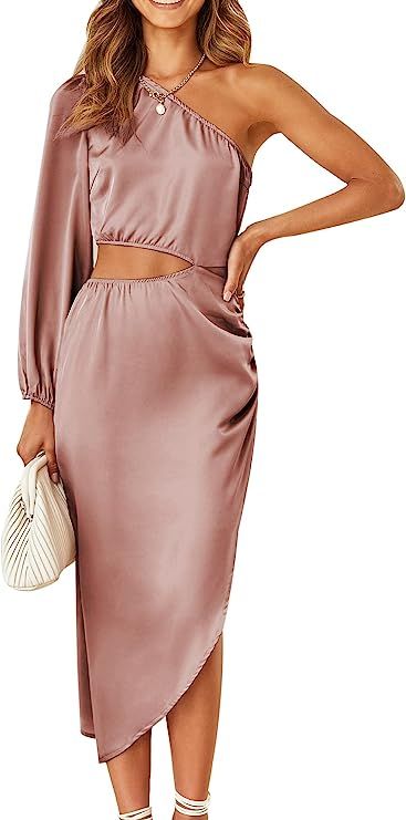 PRETTYGARDEN Women's 2023 Spring Satin Midi Dress One Shoulder Long Sleeve Cutout Split Bodycon C... | Amazon (US)