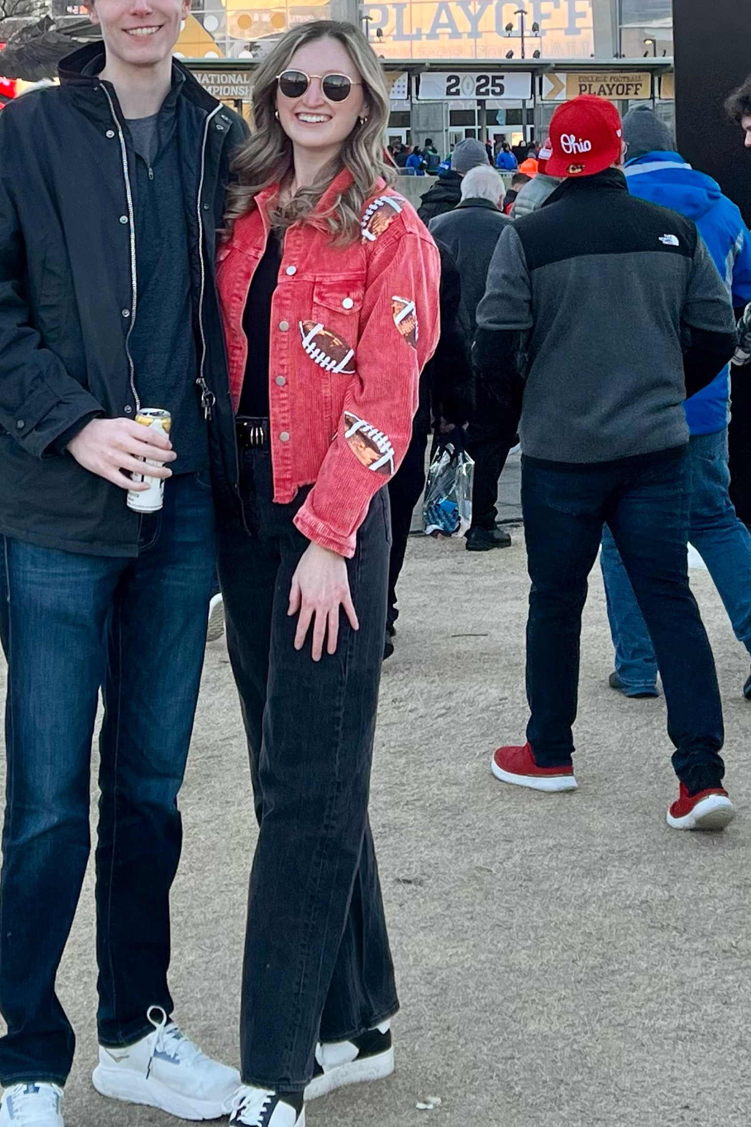 Football tailgate outfit, Kansas City chiefs superbowl outfit, Super Bowl party outfit. 

Red Sequin football Corduroy jacket, black tall girl friendly affordable jeans, black and white sneakers 

#LTKFindsUnder50 #LTKParties #LTKSeasonal