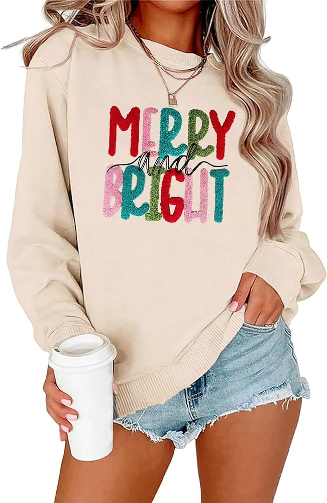Merry Christmas Sweatshirts Women Merry And Bright Christmas Pullover Top Chenille Patch Letter P... | Amazon (US)