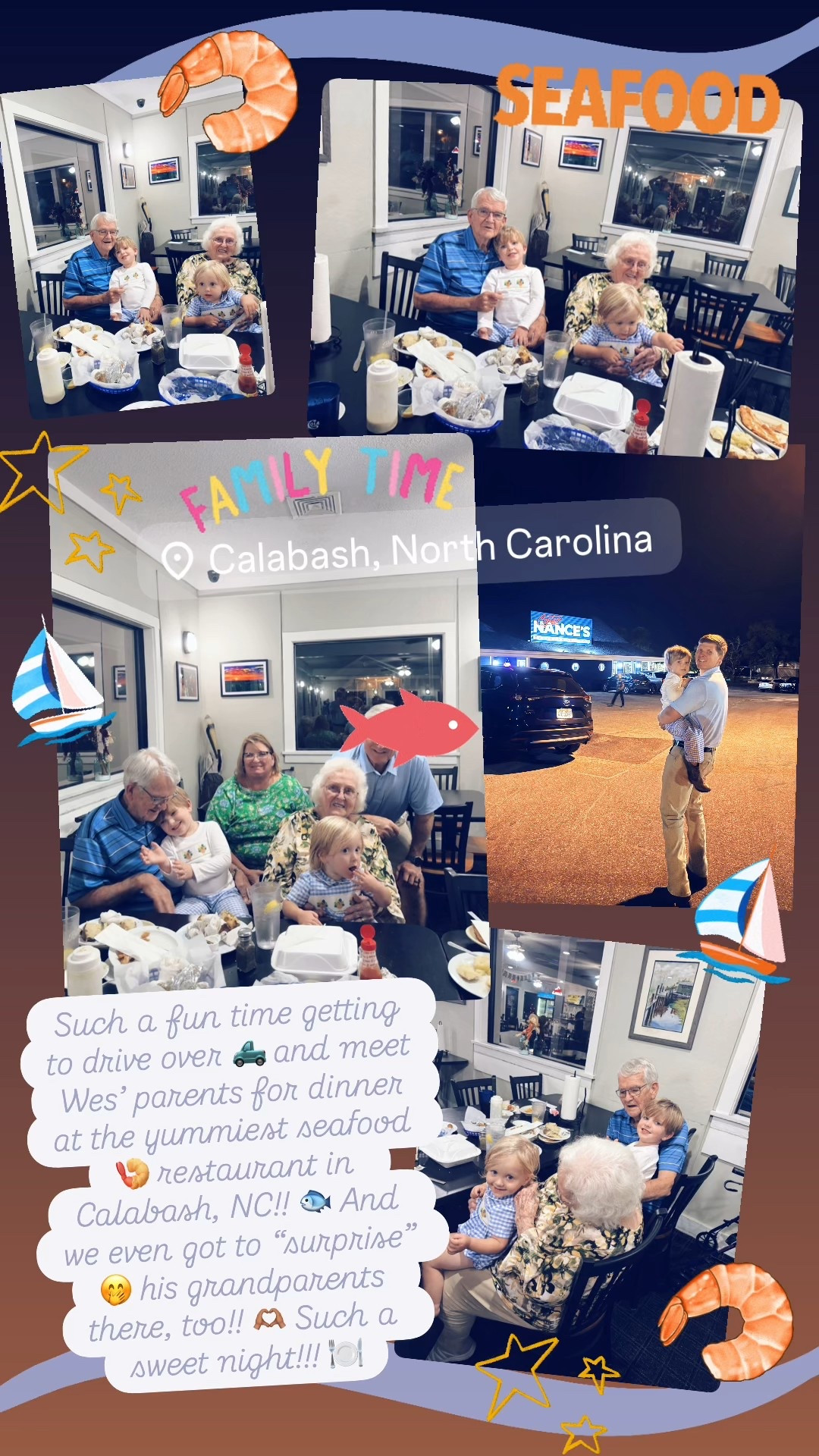 Such a fun time getting to drive over 🛻 and meet Wes’ parents for dinner at the yummiest seafood 🍤 restaurant in Calabash, NC!! 🐟 And we even got to “surprise” 🤭 his grandparents there, too!! 🫶🏽 Such a sweet night!!! 🍽️