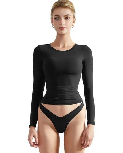 SUUKSESS Women Double Lined Fitted Basic Tee Shirts Crew Neck Long Sleeve Going Out Crop Tops (Je... | Amazon (US)