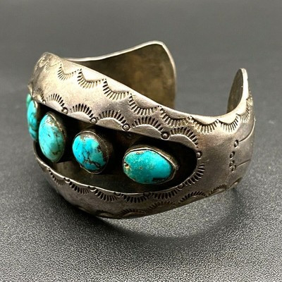 Vintage Navajo Native Turquoise Stampwork Silver Cuff Bracelet Small 6-1/8" | eBay US