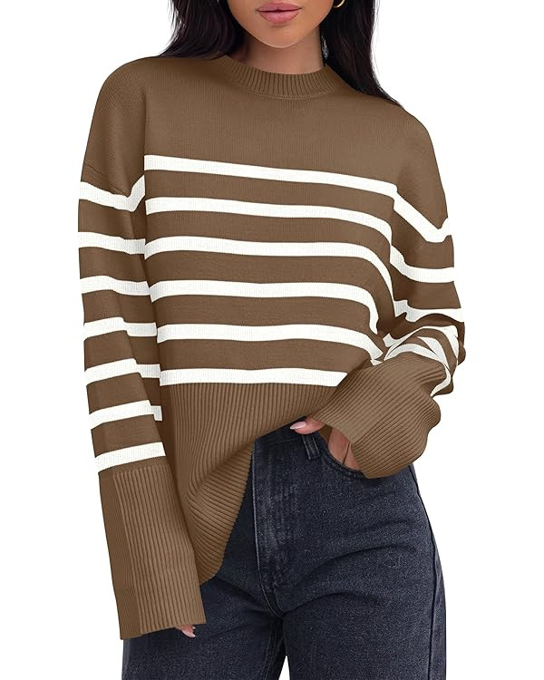 ZESICA Women's 2025 Fall Winter Striped Long Sleeve Crew Neck Ribbed Knit Side Slit Oversized Pul... | Amazon (US)