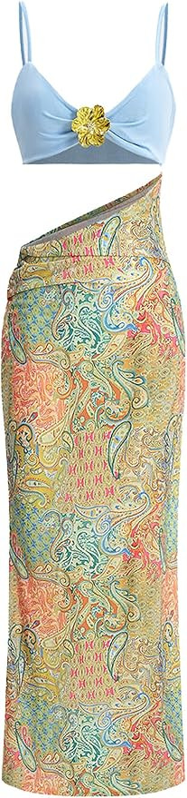 Women's Bra Cut Out Maxi Dress Sexy Boho Paisley Contrast Pattern Slip Sleeveless Bodycon Long Dr... | Amazon (US)