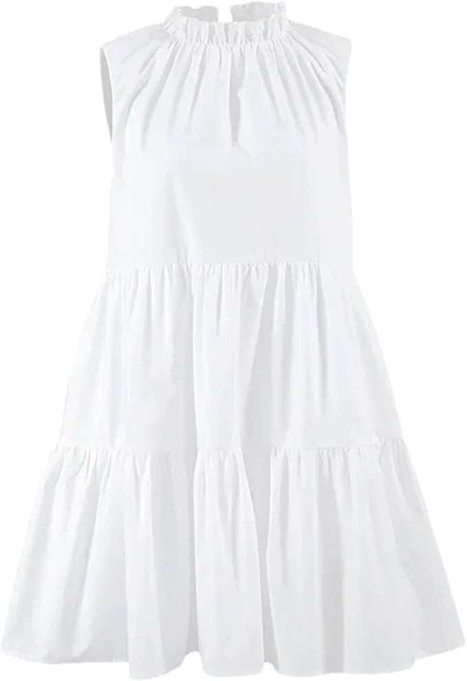 Mnjyihy Women Elegant Pletaed Short A-Line Dress Casual Crew Neck Sleeveless Lace Up Vacation Dre... | Amazon (US)