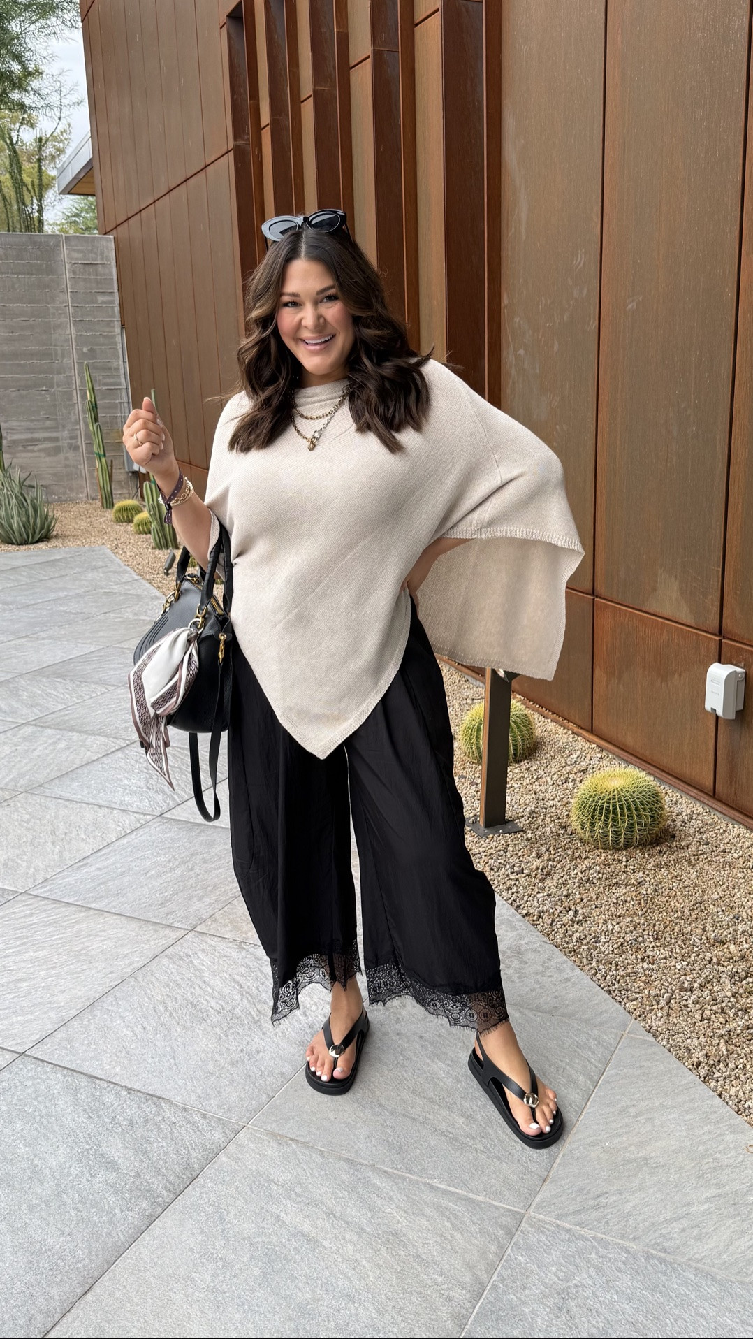 Size: Large in everything • THIS is the kind of outfit I live for! Effortlessly chic, ridiculously comfortable, and looks like I spent way more time getting dressed than I actually did. 

The cream poncho with these black lace-trim pants?! OBSESSED. It’s giving elevated basics meets Pinterest cool-girl style, and I already know I’ll be repeating this outfit all season long!

#FallOutfitIdeas #MidsizeFashion #CasualChicStyle #OutfitInspiration #FallFashion