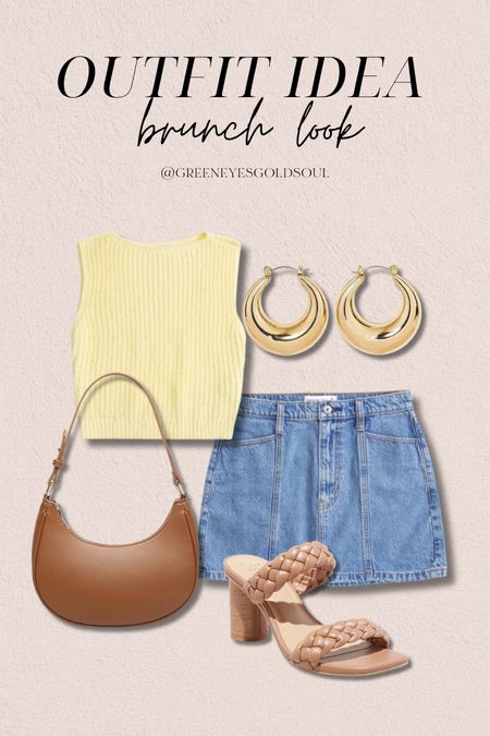 Brunch outfit idea! 
Mini skirt, denim skirt, tank top, brown purse, shoulder bag, gold hoops, brown heels 

#LTKFindsUnder100 #LTKU #LTKStyleTip