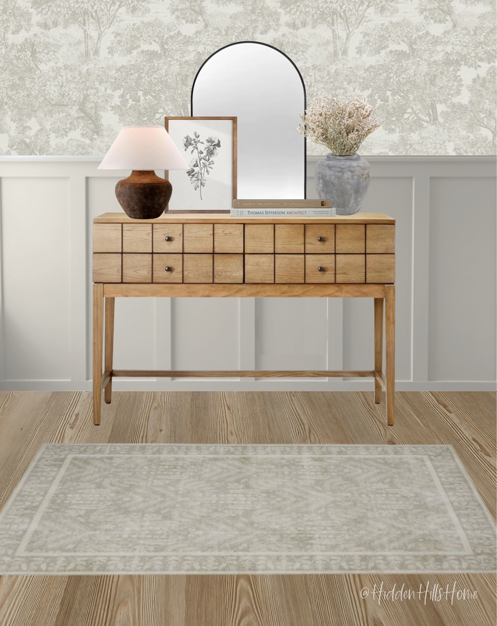 Entryway decor, entryway wallpaper, home decor, console table, entryway rug, entryway mood board #entryway 

#LTKhome #LTKstyletip #LTKsalealert