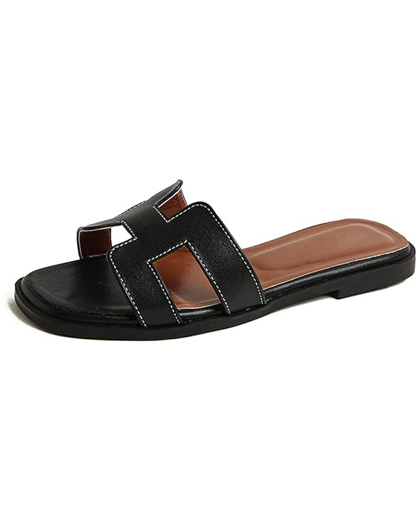 H Flat Slide Sandals for Women Non Slip Square Open Toe Fashion Slides Slip On Leather Slide Sand... | Amazon (US)