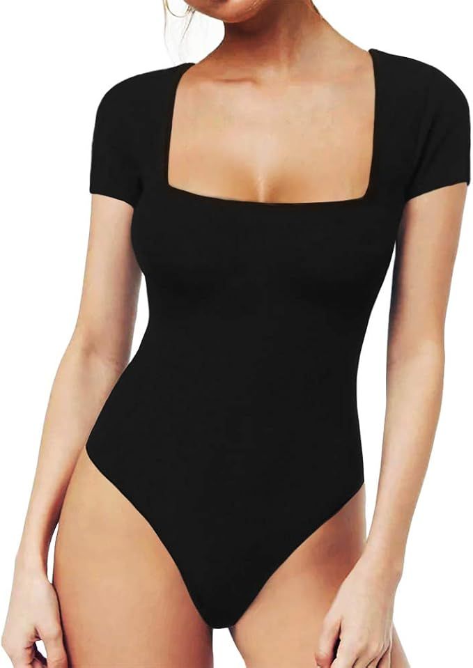 MANGOPOP Womens Square Neck Short Sleeve/Long Sleeve Tops Bodysuit Jumpsuit | Amazon (US)