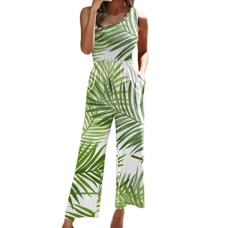 One Shoulder Jumpsuit for Women Casual Printed Smocked Sleeveless High Waisted Wide Leg Pants Romper | Walmart (US)